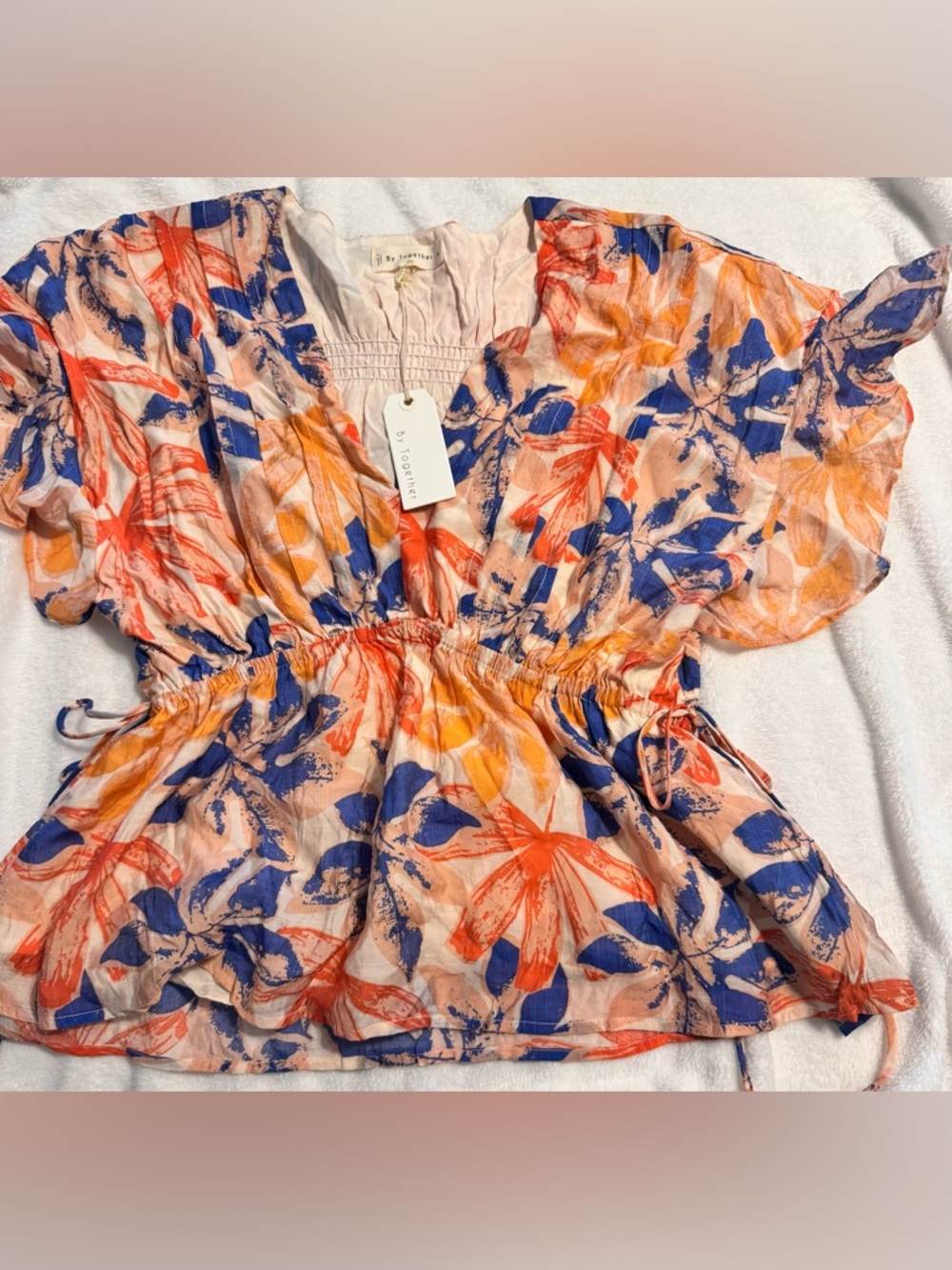 NEW BY TOGETHER Floral Flutter Sleeve Top in Blue, Orange, Yellow-M